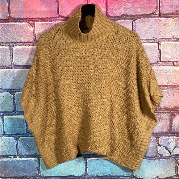 Lou & Grey Tan Mock Neck Poncho Sweater Knit Pullover Oversized Fit XS/S - Picture 1 of 11